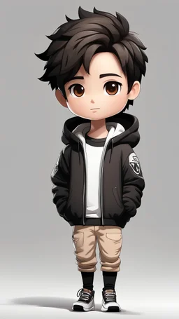 Create a 3d character of a male 27 years old, shaved, square face, brown eye, black hair, short hair and shaded both sides, wearing a black hoodie and a light brown puffy jacket, in a white background, cute, chibi