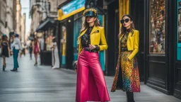 Nikon D850 with AF-S NIKKOR 24-70mm f/2.8E ED VR lens at f/5.6: [Two innovative friendly girls wearing strange, suave, wild, beautiful fashionable clothing] in a [parallel universe], showcasing [full-height figures from head to foot with intricate details], [vibrant colors and deep shadows], creating [a surreal and captivating atmosphere with precise textures and anatomy]. focus peaking enabled, Nikon Picture Control with enhanced color grading.