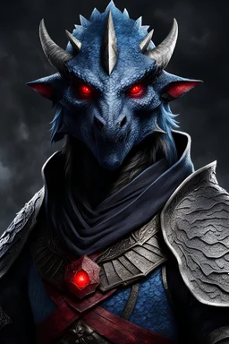 dragonborn sorcerer with red eyes and black and blue scales