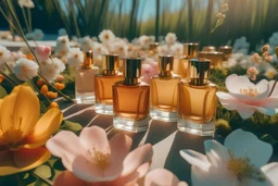 generate me an aesthetic complete image of female perfumes in daylightal flowers