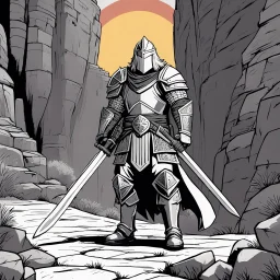 [comics Head Lopper style by Andrew MacLean] The hero, clad in plate armor, his two hands on the hilt of his zweihandsword, stands guard at the narrow passage in the canyon. Guard up, he knows he may die protecting the valley.The sun beats down mercilessly, casting harsh shadows across the rocky terrain. The hero's armor gleams in the sunlight, a beacon of strength and determination. His grip tightens on the hilt of his massive sword, ready to face whatever may come.