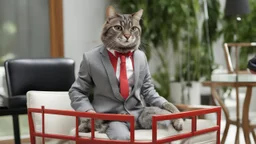 very clever cat in suit with glasses in chair.