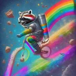 A raccoon astronaut riding a rainbow bike on a mission to gather space trash, jumping over asteroids as he goes.