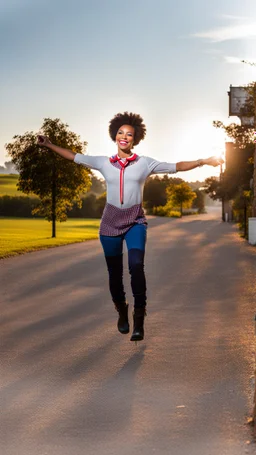 A full-body shot of lady,long red boots ,tight blue pants ,a hat