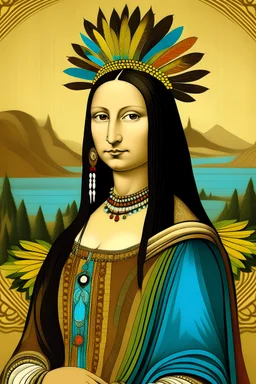 Mona Lisa wears a Pocahontas dress and a Native American feather on her head