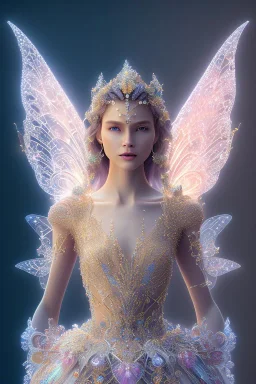 A portrait of a crystalline fairy, smile, mythical,fantasy , magnificent, majestic, highly intricate, Realistic photography, incredibly detailed, ultra high resolution, 8k, complex 3d render, cinema 4d