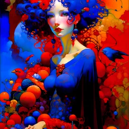 Art by Alice Rahon, Richard Burlet, Odilon Redon, Raymond Swanland, Andrey Remnev, Conrad Roset; Rebellious ravishing girl Rachel, regal in royal blue and ribuli, roaming through the radiant realm of the rainbow river valley with her ruby colored hair, meets a rare raven in a rolling hills of resplendent roses and rustling reeds, under a riotous reflective hues sky.