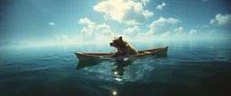 airbrush rendering, bear in life boat in lake, pinhole cam