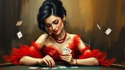 impressionist oil painting smooth brush strokes "head and shoulder" beautiful woman sitting at poker table elegant red tulle and shiny dress, red jewelry black hair in a bun, big hanging curls, slight smile, eyes downcast, long eyelashes cards in hand dark background other small cards flying around her some deteriorating grainy noise falling particles, backlight