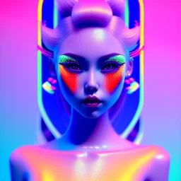 blonde woman teenager, geisha, retro futuristic, latex dress, gradient color, BLUE, PINK, CYAN, neon, insanely detailed, 16k resolution, perfect eyes, cinematic smooth, intricate detail