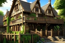 large medieval gothic, wooden inn, with a balcony, next to a sloping, cobbled road, in a wood, dense foliage, photo-realistic