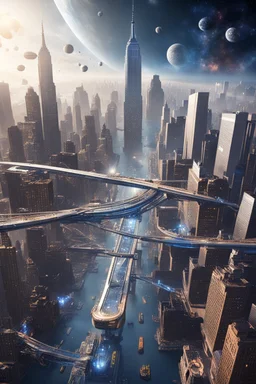 Create New York City in the Galaxy floating and the City are connected with floating bridges