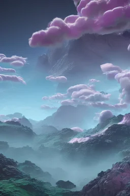 a psychedelic realm with rolling plains made out of clouds, mountains made out of icebergs, and plant life made out of cotton candy, in the style of wlop and namek, illustration, epic, fantasy, hyper detailed, smooth, unreal engine, sharp focus, ray tracing