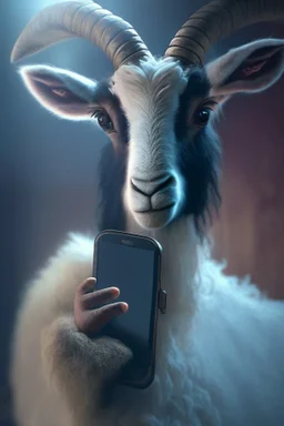 Cute goat holding smartphone, dramatic lighting, matte painting, highly detailed, cgsociety, hyperrealistic, --no dof, --ar 2:1