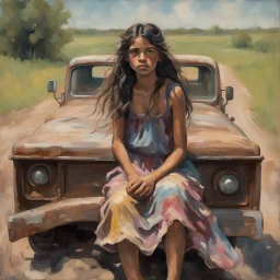 A gritty rough oil image of a gypsy girl sitting on the back of an old rusty truck in a summerscape in the country on a dirt road. The girl has a weathered, determined look, with long, flowing dark hair and a colorful, tattered dress. The