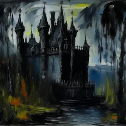 A black haunted castle filled with spirits painted by Claude Monet