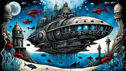 illustration form an ancient spaceship's ruins deep under the sea in sand, dark deep colors, nearby swimming weird metallic fishes and black fishes with red eyes, little light pale colors jellyfishes and an giant dark blue and gray steampunk cet in the background , Ink wash style, pale lighting, high detailed, movie poster, ink wash art with very fine drawing, and blue ink, unique mood, masterpiece