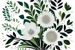 bouquet of geometric outlines of flowers and leaves, white background,