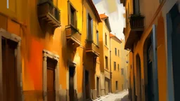 Painting of a narrow street in an old European city, with buildings on both sides. Painted in a loose, expressive style, with visible brushstrokes and a slight blurred effect, the buildings are tall and close together, with a variety of architectural details such as windows, balconies, railings, and awnings. The colors are warm and muted, with orange, yellow, blue, green, and brown tones dominating the scene. The street is wet and raining heavily. There are an old motorcycle parked at the side o