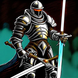 90's TCG art retro fantasy art of a space knight holding a sword