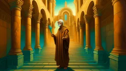 Surreal painting of a solitary figure, an adult, wearing a dull brown robe, standing on stone steps leading up to a teal building. The figure has a contemplative expression and is holding a staff. The building has multiple arched windows, from which ethereal figures float in the air. Warm sunset colors blend with cooler tones in the background, and the overall atmosphere is melancholic and dreamlike. Detailed brushstrokes and subtle shadows create depth. The light source comes from above, castin