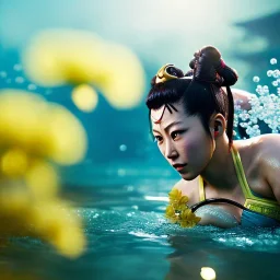 Chun-li underwater with yellow flowers for hair, closed eyes, rtx, reflection, 8k, glow, winning photography, caustics