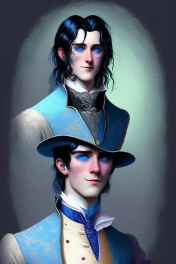 young black haired blue eyed dandy wizard in the style of beresford egan