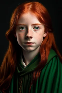 A 12 years old girl with red hair and green eyes and she is wearing a Hogwarts robe