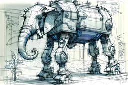 Blueprint concept art sketch: robotic trunk from elefant, with eye in trunk