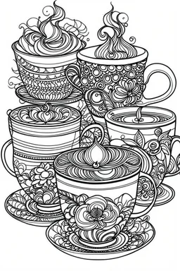 Outline art for coloring page, FULL PAGE 2 TEACUPS GROOVY DESIGN, coloring page, white background, Sketch style, only use outline, clean line art, white background, no shadows, no shading, no color, clear