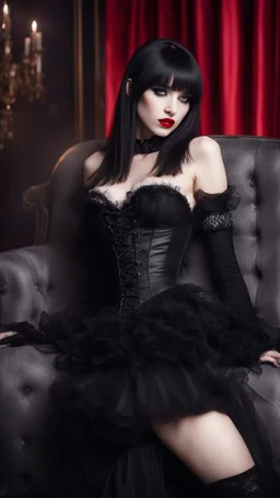Full-body shot, of slender goth woman, lying on a couch, long straight brunette hair with bangs, fair skin, red lips, slender, flared skirt, corset, stockings. fantasy background.
