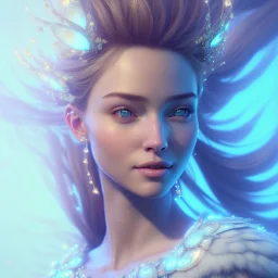 A beautiful portrait of a fairy smiling, facing camera blue color scheme, blue eyes, high key lighting, volumetric light high details with white stripes and lights unreal 5, octane render, cinema4d, dynamic lighting, dramatic lighting, 4k, redshift render, highly detailed, hyper realistic