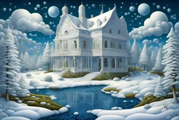White and blue-white landscapes. Deep blue white house, blue-green sky, white clouds, white snow. Artwork by Jacek Yerka. Crisp Focus, Elegant, Intricate 8K Masterpieces, Beautiful HD Crisp Quality, Jacek Yerka, Acrylic Art, Quilted, Surreal Line Art, Rich Colors by Alexander Jansson, Spectacular Zentangle-style © Crystaldelic