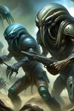 Aliens hooded creatures with weapons around metal epic Echo of Ruins