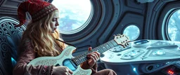 gandalf as young woman hypnotic guitar acoustic banger performance, instrumental, celtic, georgian, gypsy jazz, back on track portrait of space captain gnome lich, , priest psycho, in cockpit, celtic knot hollow tube transparent core ornate indented space ship, shiny bright mega ship flourescent white blue like bubble gum with a few big windows and decks,