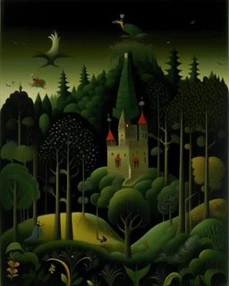 A dark green fairy castle painted by Henri Rousseau