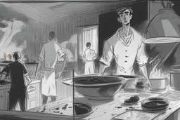 black and white storyboard, wide, on the Foreground there is a man and in the background, 3 chefs, scattered throughout the kitchen cooking, frying, cutting