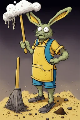 artist Jean-Baptiste style. A unhappy, disgruntled biomorph skinny fuzzy-headed old dust Bunny. skinny arms, legs, and body covered all over with bits of dust and dirt. blue eyes. A yellow dotted green raggedy apron. holding a mop and pail. standing in a cloud of dust. large bits of dirt flying around his head. style of Tim Burton.