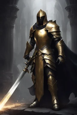 photorealistic holy knight paladin in very dark gold armor and a cape wielding a greatsword and no helmet in abyss