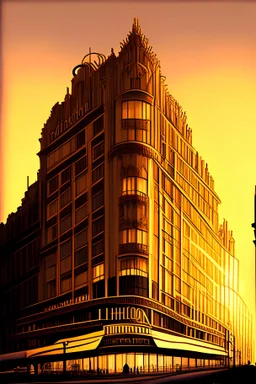 A grandiose portrayal of the Hilton Hotel in Paris bathed in the warm glow of a setting sun. The architecture should be finely detailed, with a sharp focus on the intricate facade, contrasted by the lively street scene bustling with Parisians and tourists. The style should draw from architectural illustrators like Hugh Ferriss and Frank Lloyd Wright, with the precision and clarity of artists like Greg Rutkowski and Artgerm.