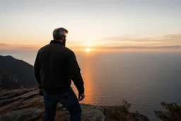 a brawny man with grey hair views sunset from a cliff