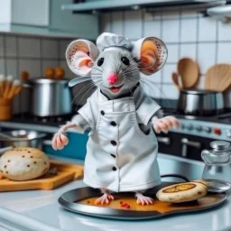 mouse Funny and cute in the shape of a sheep, wearing a cooking outfit that looks the same color as its skin, in the kitchen, cooking