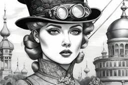 detailed pen drawing of a athletic petite pale russian redhead woman 30yo, long eye lashes, eye shadow, eye liner, Wearing A victorian Dress and top hat with goggles on the hat by an air ship