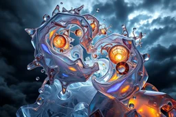 Dynamic complex hypnotic fractal 3D structures twisting and morphing between organic and geometric forms, smooth translucent iridescent glass with inner glow and bubbles, varied transparent materials, stormy skies, intense dramatic