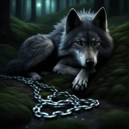 sad small scruffy wolf wearing a silver chain around its neck laying down eyes closed, photorealistic, 4k, dark fantasy, forest