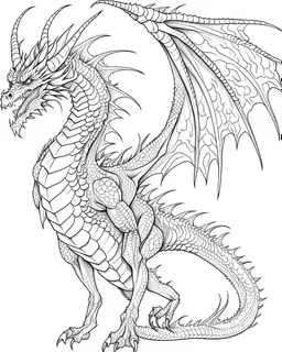 coloring image of full body dragon, line art, realistic, white background