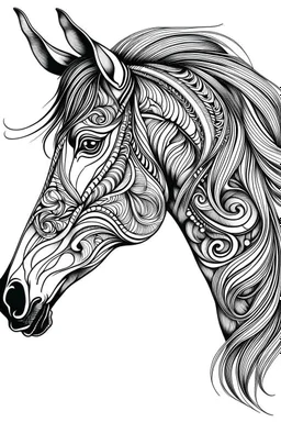 realistic horse head tattoo idea, line art, background, vector, svg, black outline on white background, leave plenty of white space beetween lines for coloring, tattoo style, tattoo idea,full body, minimalist