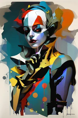 Digital Art of merry harlequin embodying the essence of merriment in a , minimalist approach, influenced by Luis Miranda, Jeremy Mann, Jeffrey Catherine Jones, blends conceptual art with elements of painting and illustration, somber tones, fragmented souls, shadow play, diffuse textures, abstract forms, digital painting, high conceptuality, palette inspired by Jeffrey Catherine Jones, golden ratio composition, fine detail, cinematic lighting.