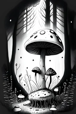 Black and white, drawing, cute mushroom in the forest.