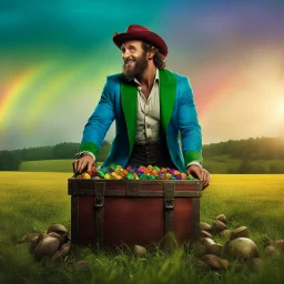 [high res photo of American Gods (2017)] in a field, the vibrant colors of a rainbow stretching across the sky. In the center of the field sits a small, Pablo Schreiber as a mischievous-looking leprechaun, perched atop an open treasure chest. His eyes sparkle with joy as he gazes at the shimmering gold within. The rainbow seems to reach down and touch the chest, casting a magical glow over the scene.